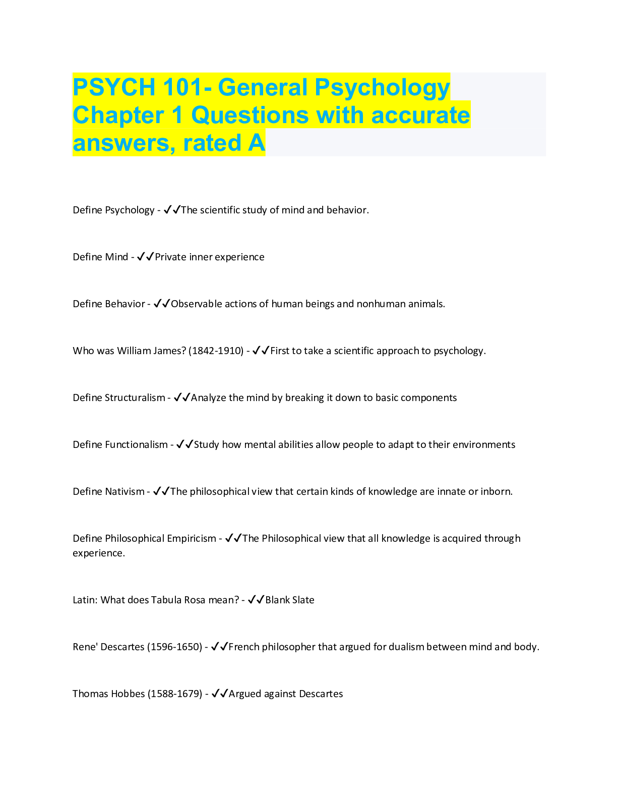 Preview image for PSYCH 101- General Psychology Chapter 1 Questions with accurate answers, rated A